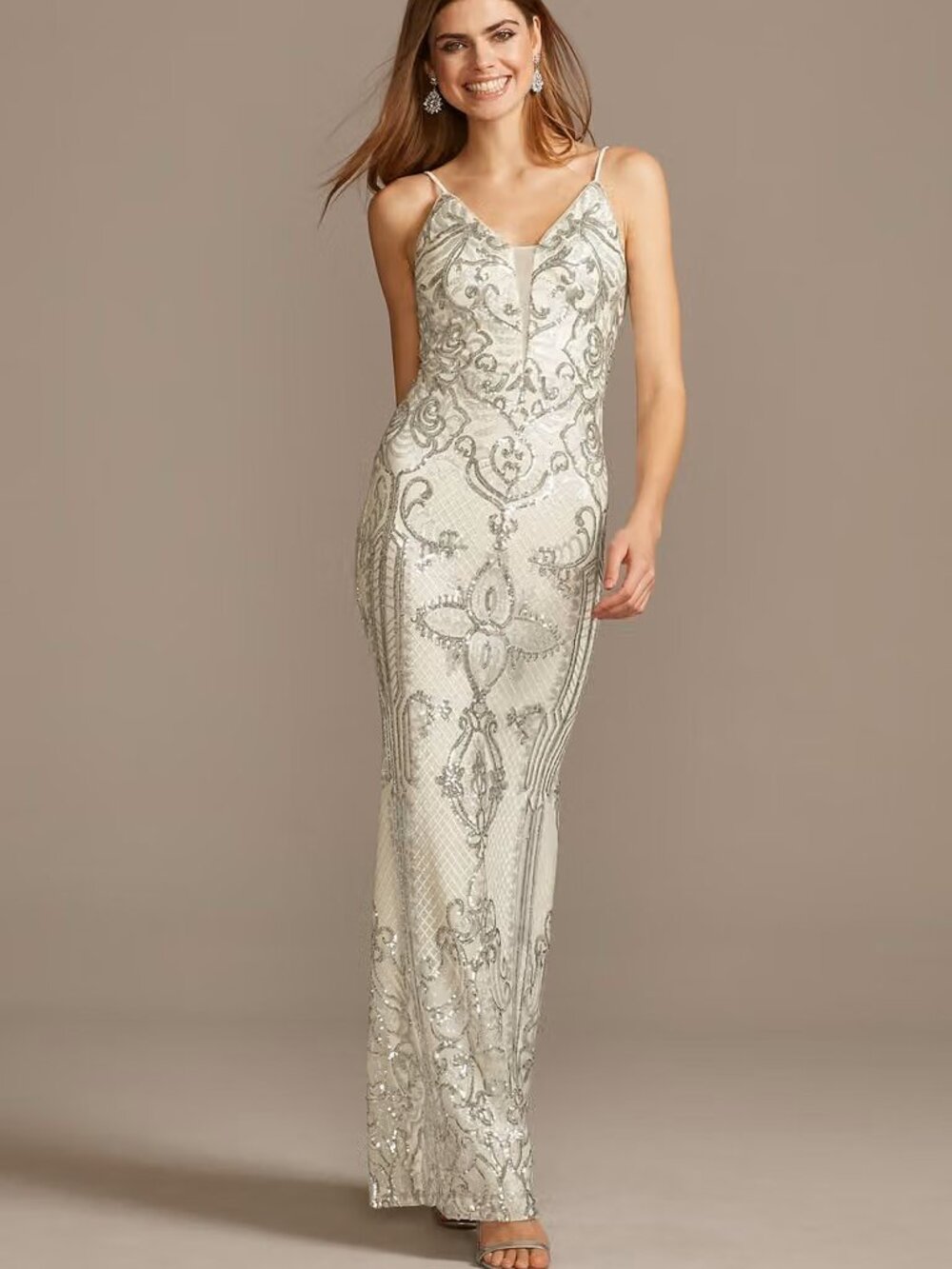 BETSY & ADAM Silver/Ivory Sequin Damask Pattern Gown 2